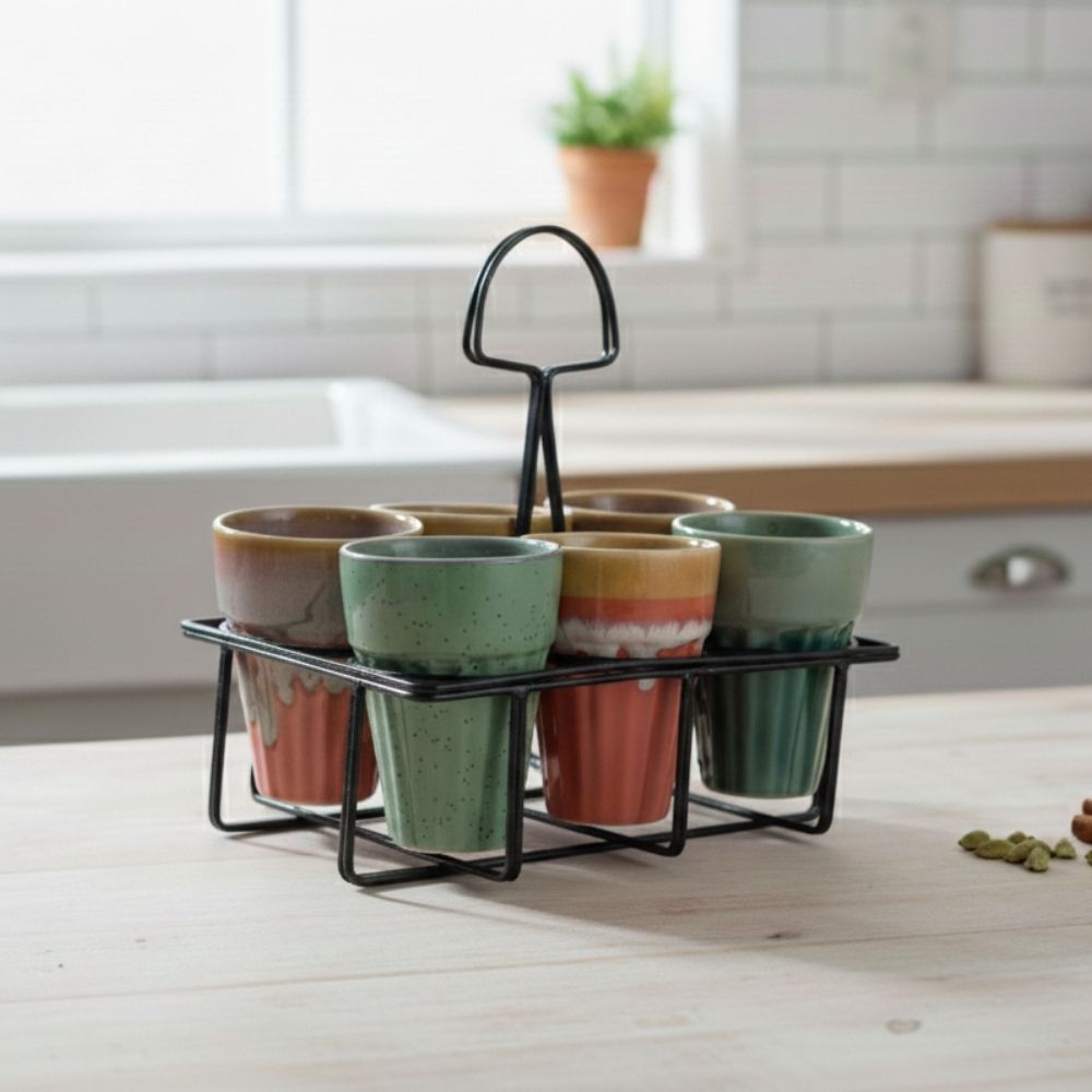 multicolor ceramic karak tea mugs set of 6 with stand for tea and coffee serving with durable glazed finish